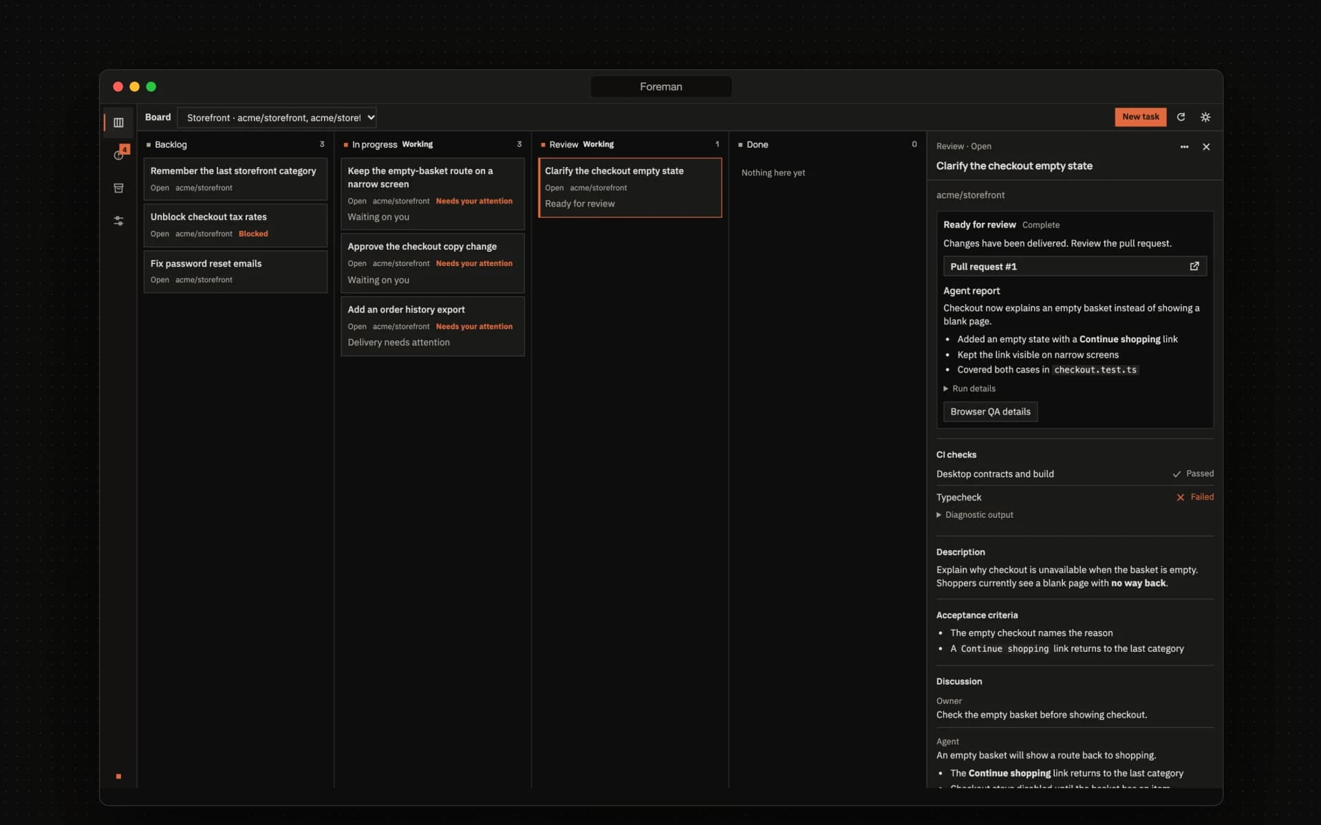 Foreman: Hand off the backlog. Review the pull requests.